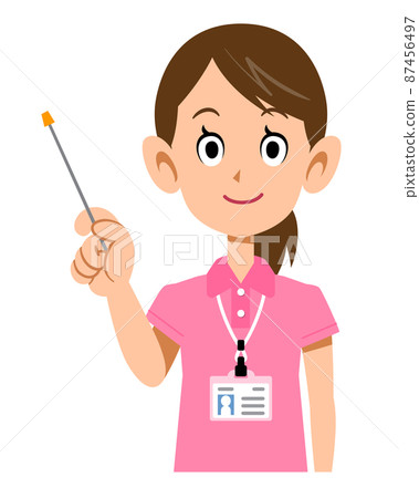 一名身穿短袖polo衫並佩戴名牌手持指針的女工作人員 一名身穿短袖polo衫並佩戴名牌手持指針的女工作人員 87456497