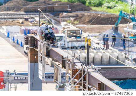 Construction site, high-altitude work, jump safety belt, lanyard, stanchion, main rope support, main rope safety measures, steel frame construction 87457369