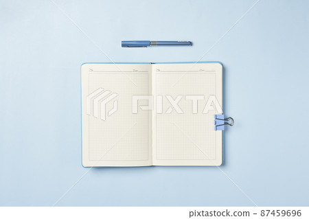 Bright office workspace. Work space with notepad, keyboard, coffee and glasses. Work space table desk. Flat lay, top view, copy space Bright office workspace. Work space with notepad, keyboard, coffee and glasses. Work space table desk. Flat lay, top view, copy space 87459696