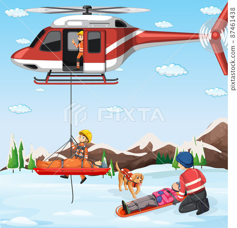 Snow mountain scene with firerman rescue in cartoon style Snow mountain scene with firerman rescue in cartoon style 87461438