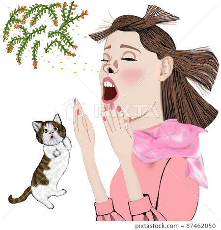 A woman sneezing with hay fever and a cat looking surprised A woman sneezing with hay fever and a cat looking surprised 87462050