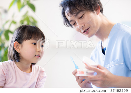 Dentist: A girl and a doctor who receive tooth brushing instruction 87462399
