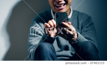 A man with a mental illness is using a smartphone 87463133