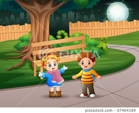 Happy children playing outside at night illustration Happy children playing outside at night illustration 87464389
