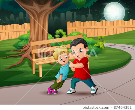 Cartoon illustration boy bullying his younger friend 87464391