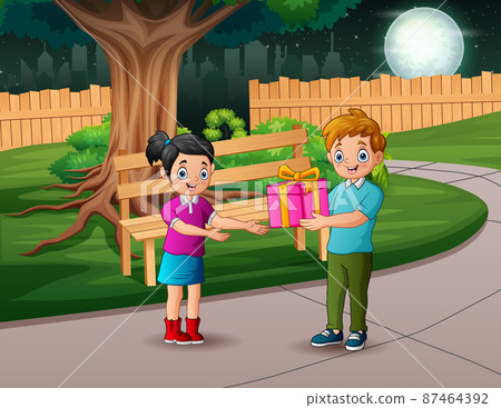 Cartoon happy boy giving a gift to his girlfriend Cartoon happy boy giving a gift to his girlfriend 87464392