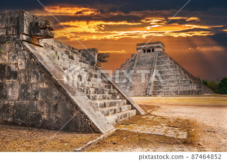 Chichen Itza - Twilight with Jaguar and temple of Kukulkan, Mexico landmark 87464852