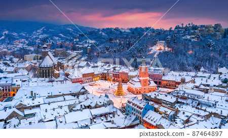 Brasov, Romania - Council Square and Christmas tree aerial view, Brasov, Romania - Council Square and Christmas tree aerial view, 87464897