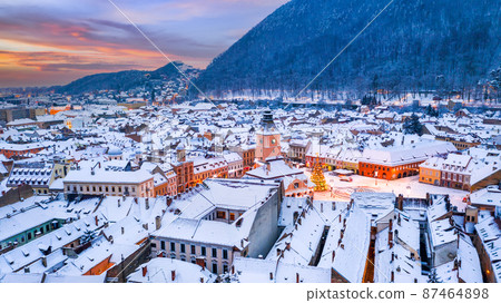 Brasov, Romania - Council Square and Christmas tree aerial view, Transylvania 87464898