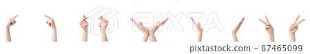 Hand gesture collage. Advertising collection. Female fingers pointing showing heart victory V sign demonstrating open palms isolated on white panorama row set of 5. Hand gesture collage. Advertising collection. Female fingers pointing showing heart victory V sign demonstrating open palms isolated on white panorama row set of 5. 87465099