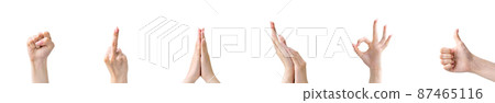 Gesture collage. Sign collection. Female hands showing protest fist fuck you praying okay like thumb up different signals isolated on white panorama row set of 6. Gesture collage. Sign collection. Female hands showing protest fist fuck you praying okay like thumb up different signals isolated on white panorama row set of 6. 87465116
