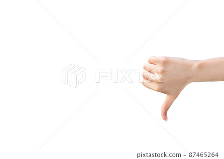 Dislike gesture. Negative feedback. Refusal sign. Bad choice. Female hand showing disapproval thumb down isolated on white empty space background. 87465264