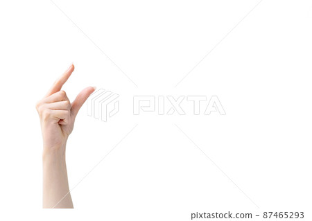 Small gesture. Finger measurement. A little bit. Female hand showing tiny size something invisible isolated on white copy space advertising background. 87465293