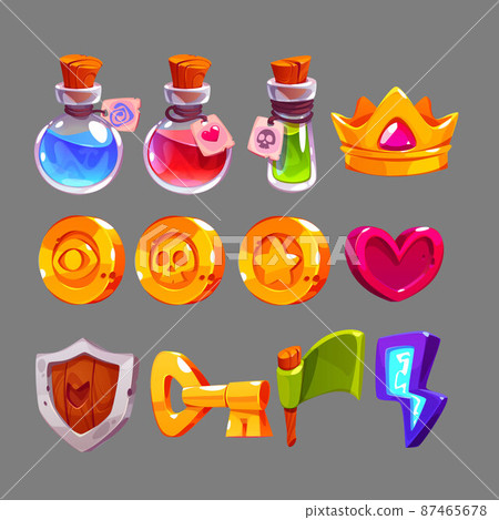 Game icons with potions, gold crown, heart, coins 87465678