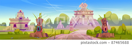 Ancient ruins of aztec temple, statues and pyramid Ancient ruins of aztec temple, statues and pyramid 87465688