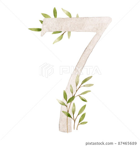 Beautiful stock illustration with watercolor hand drawn number 7 and leaves clip art. Seven month, year. Beautiful stock illustration with watercolor hand drawn number 7 and leaves clip art. Seven month, year. 87465689