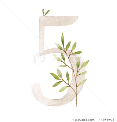 Beautiful stock illustration with watercolor hand drawn number 5 and leaves clip art. Five month, year. Beautiful stock illustration with watercolor hand drawn number 5 and leaves clip art. Five month, year. 87465691