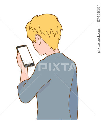 Illustration of a blonde man looking at a smartphone Illustration of a blonde man looking at a smartphone 87466194