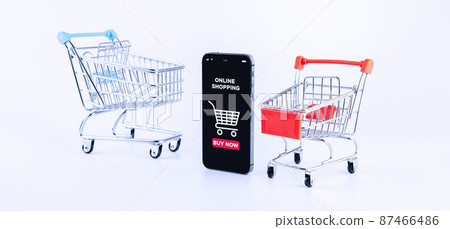 Ecommerce application. Digital smartphone with online shop app, shopping trolley on white background. Website retail business concept. Easy ecommerce website shop. Ecommerce application. Digital smartphone with online shop app, shopping trolley on white background. Website retail business concept. Easy ecommerce website shop. 87466486