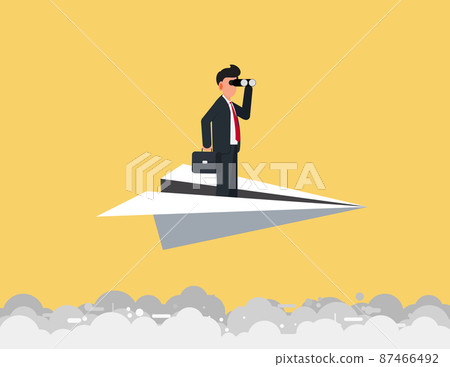 Businessman using binoculars on paper plane. Research and forecast concept Businessman using binoculars on paper plane. Research and forecast concept 87466492