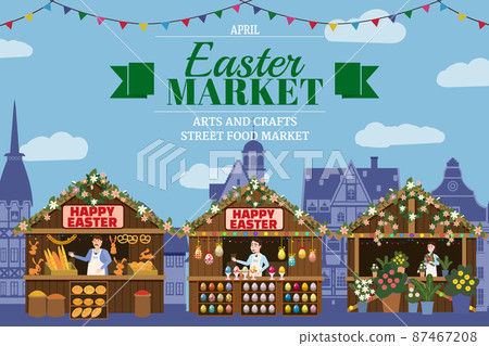 Easter Market poster, wooden stall decorated flowers, colored Easter eggs, pastry, bakery, flowers. Holiday City Spring Fair Square, Europe architecture background. Vector illustration 87467208