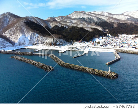 Aerial view of Wakimoto fishing port in Shiriuchi-cho, Hokkaido in early spring 87467788