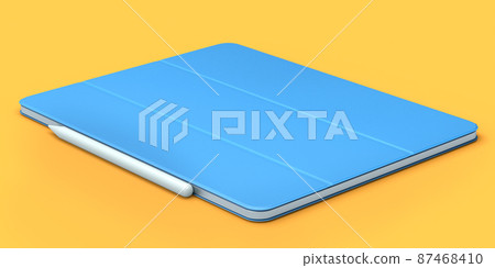 Computer tablet with blue cover case and pencil isolated on orange background. Computer tablet with blue cover case and pencil isolated on orange background. 87468410