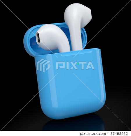 Wireless bluetooth headphones in blue case isolated on black background Wireless bluetooth headphones in blue case isolated on black background 87468422