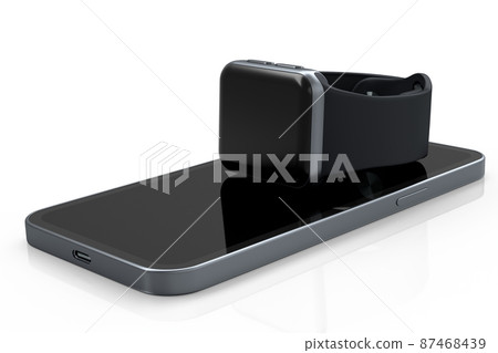 Mockup of smart watches or fitness tracker lying on smartphone on white. Mockup of smart watches or fitness tracker lying on smartphone on white. 87468439