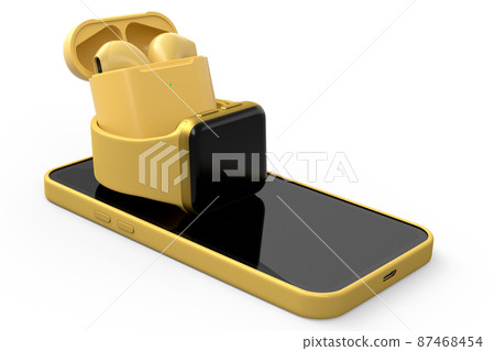 Mockup of smart watches and wireless bluetooth headphones lying on smartphone. 87468454