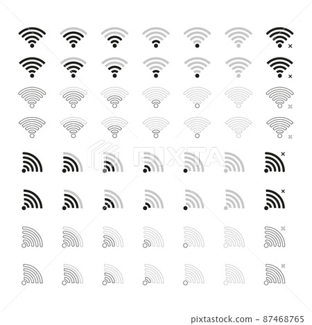 Wi-Fi phone signal icons. Vector set of mobile interface top line icons for wifi signal level. wifi icons for remote access and communication via radio waves. Vector 87468765