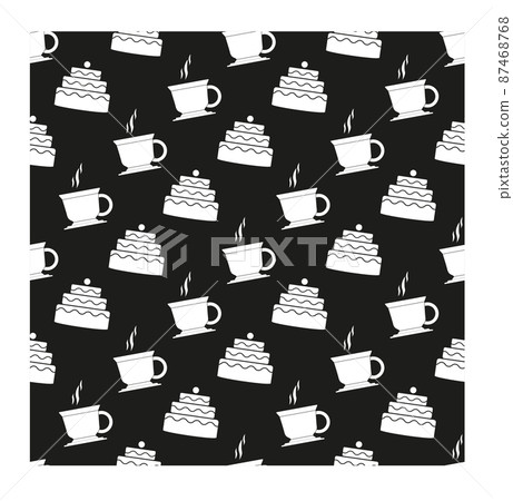 Seamless coffee and cake pattern. Tea and cakes pattern. Menu design. Vector illustration. Tea and cake seamless pattern. White silhouette on a black background. Vector 87468768