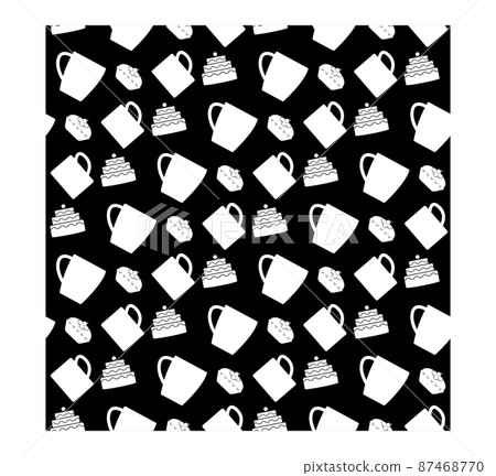 Seamless coffee and cake pattern. Tea and cakes pattern. Menu design. Vector illustration. Tea and cake seamless pattern. White silhouette on a black background. Vector 87468770