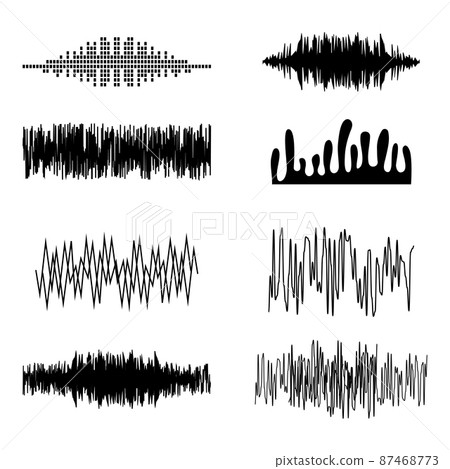 Sound wave icon set. Compare audio and stereo, tune. Black and white vector illustration isolated on white background 87468773