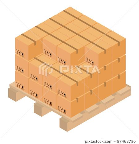 Closed cardboard boxes on a pallet with a ribbon with road signs. Isometric composition concept. Isolated vector on white background. Design for delivery service. Vector 87468780
