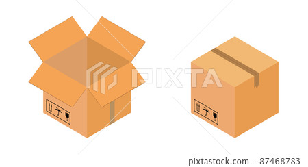 Open and closed cardboard boxes with a tape with road signs. Isolated vector on white background. Design for delivery service. Vector 87468783