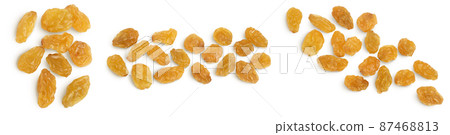 Yellow raisin isolated on white background with clipping path. Top view. Flat lay. Set or collection 87468813