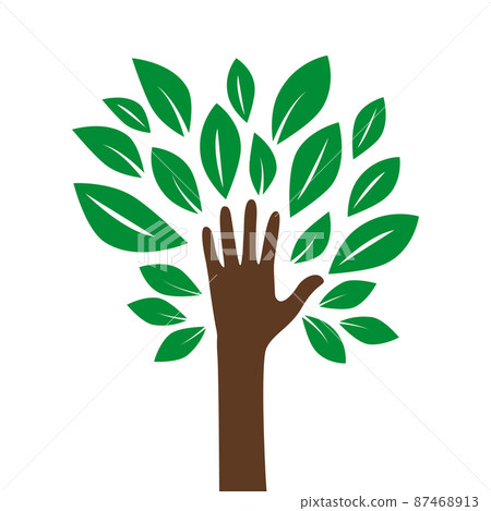 Illustration of a hand forming a tree with leaves helping nature. Dispose of, save the earth or stop the concept of global warming represented by the green sign. Isolated on white.Vector 87468913