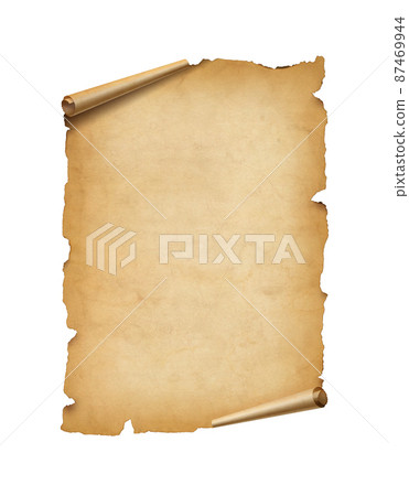 Old mediaeval paper sheet. Parchment scroll isolated on white 87469944