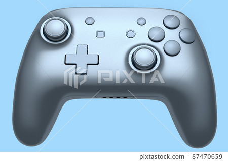Realistic silver video game joystick on blue background. 3D rendering of streaming gear for cloud gaming or concept of champion and winner awards Realistic silver video game joystick on blue background. 3D rendering of streaming gear for cloud gaming or concept of champion and winner awards 87470659