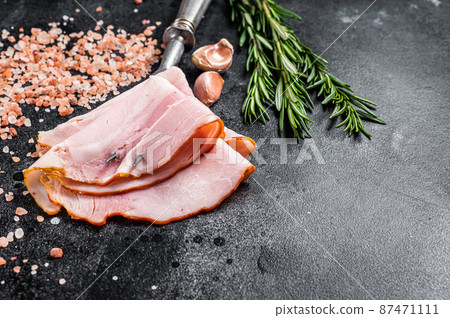 Sliced Ham from pork meat, Prosciutto cotto. Black background. Top view. Copy space 87471111