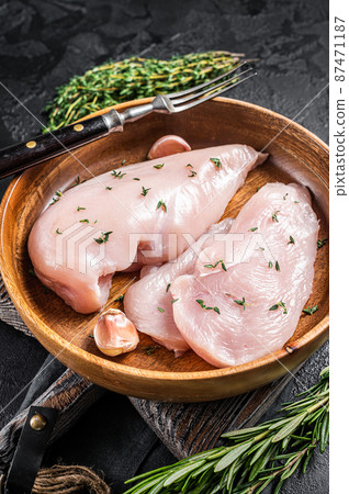 Sliced raw Chicken breast fillet, poultry meat steaks in plate. Black background. Top view Sliced raw Chicken breast fillet, poultry meat steaks in plate. Black background. Top view 87471187