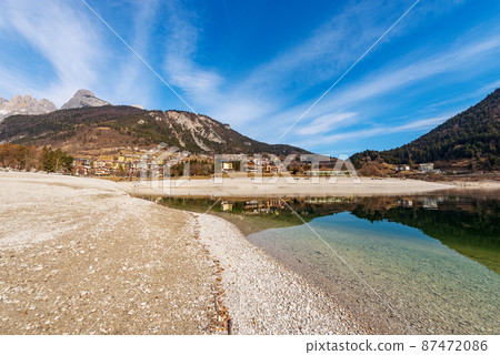 Lake and Molveno Village - Brenta Dolomites Trentino Alto Adige Italy Lake and Molveno Village - Brenta Dolomites Trentino Alto Adige Italy 87472086
