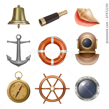 Ocean ship equipment. Sea diving space suit steering wheel steel anchor safety lifebuoy compass decent vector illustration in realistic style 87472230