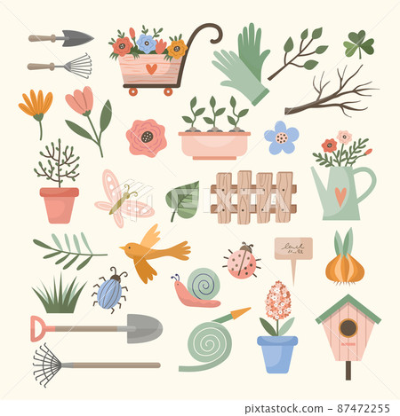 Spring decorative elements. Gardening tools bushes leaves plants branches birds flowers animals recent vector flat illustration for spring time 87472255