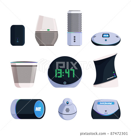 Smart music devices. Web connection voice audio speakers sound controllers for smart home garish vector cartoon illustrations collection Smart music devices. Web connection voice audio speakers sound controllers for smart home garish vector cartoon illustrations collection 87472301