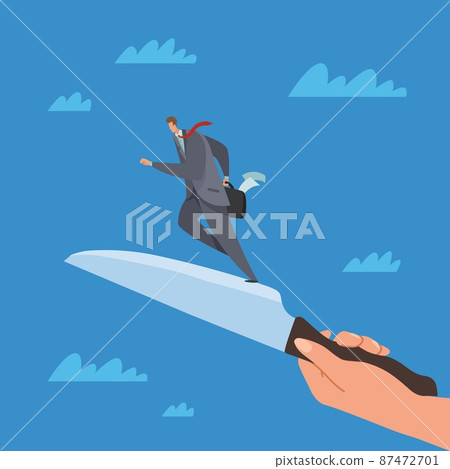 Blade runner. Dangerous path to success, shaky cases. Businessman running to goal, hard way, career ambition and opportunities, risk and danger deal, vector cartoon flat concept Blade runner. Dangerous path to success, shaky cases. Businessman running to goal, hard way, career ambition and opportunities, risk and danger deal, vector cartoon flat concept 87472701