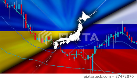 日本地圖和烏克蘭對俄羅斯衝突國旗經濟背景圖像 日本地圖和烏克蘭對俄羅斯衝突國旗經濟背景圖像 87472870
