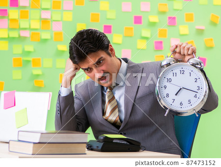 Businessman with many conflicting priorities in time management Businessman with many conflicting priorities in time management 87473152