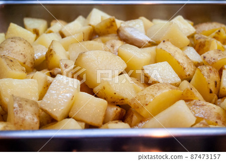 炒土豆和大蒜在蝙蝠中切成丁 炒土豆和大蒜在蝙蝠中切成丁 87473157